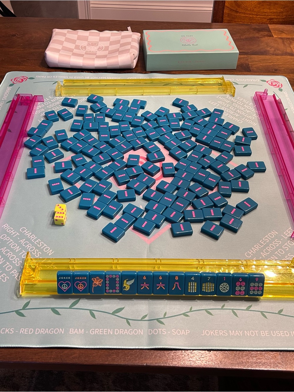 Peace, Love Mahjong Teal and Pink Mahjong Tile Set with Mat and Racks